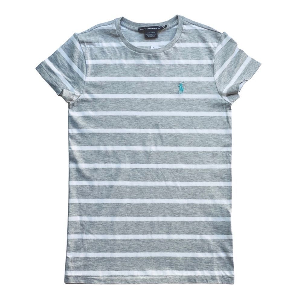 Ralph Lauren Heather Gray and White Striped Cotton Tee with Turquoise Logo